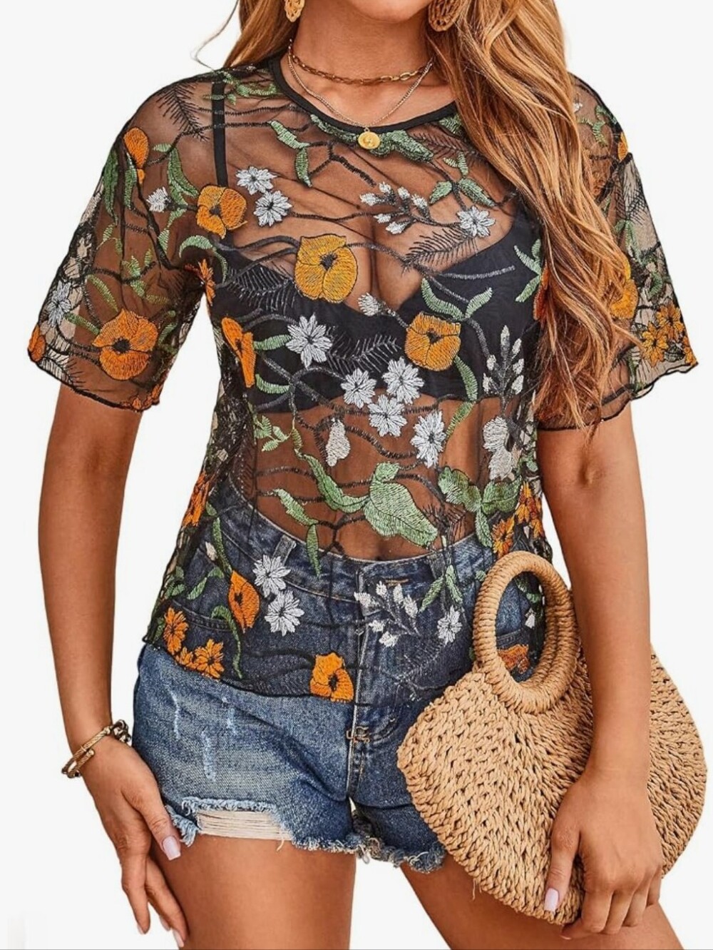 Summer Short Sleeve Tops See Through Mesh Sheer Sexy T Shirt Blouse